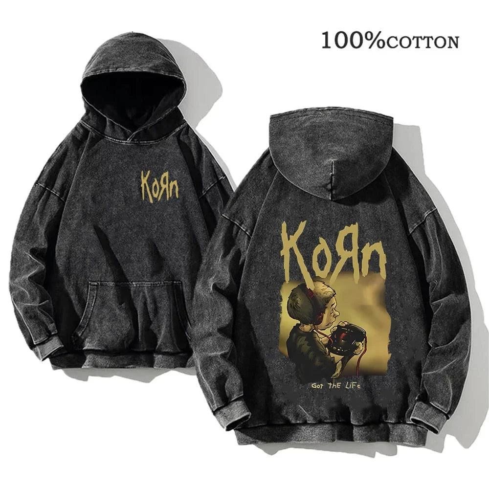Unisex Kapuzenpullover Grau verwaschen mit Band-Print Vorn & Hinten