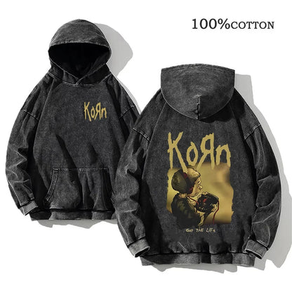 Unisex Kapuzenpullover Grau verwaschen mit Band-Print Vorn & Hinten
