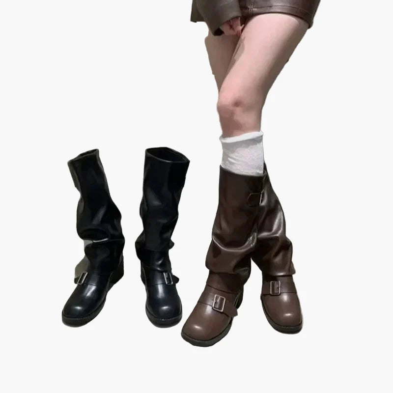 Damen Stiefel mit Schnalle, modische kniehohe Boots für Herbst und Winter
