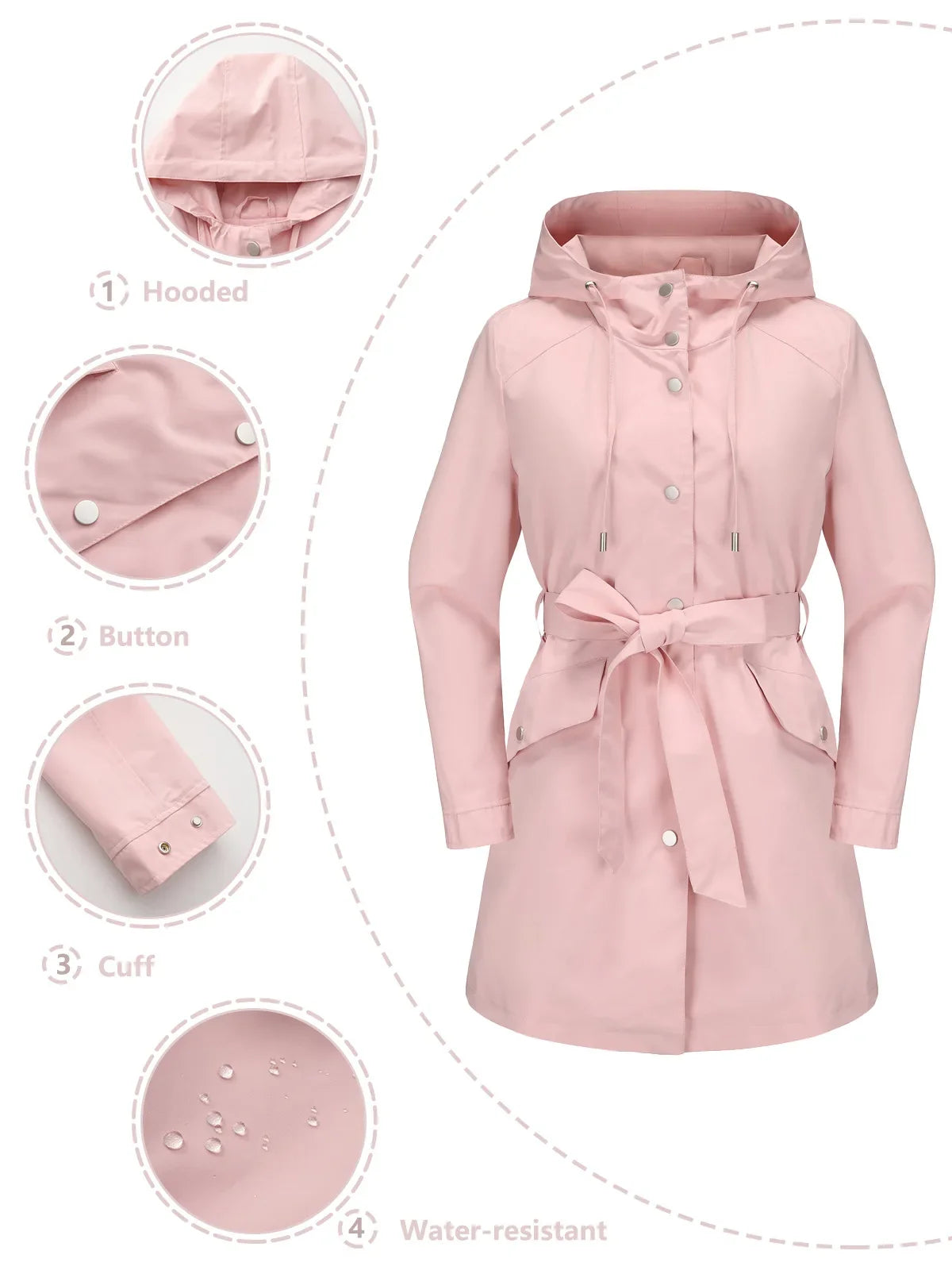 Damen Regenjacke mit Kapuze, Tunnelzug und Gürtel, Hellbeige