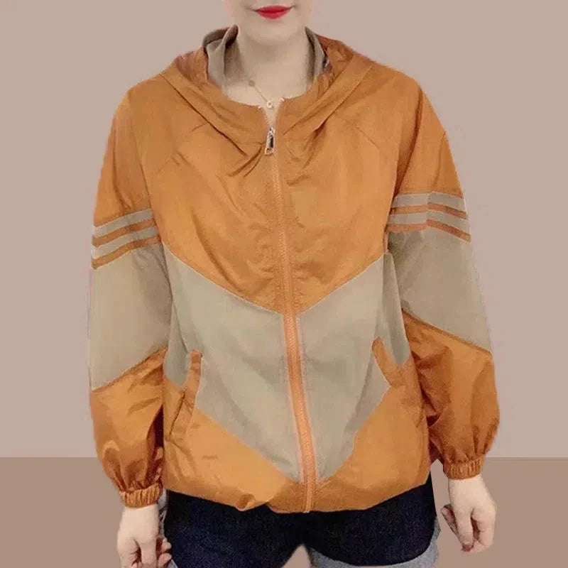 Damen Windjacke mit Kapuze, Farbig Gestreift