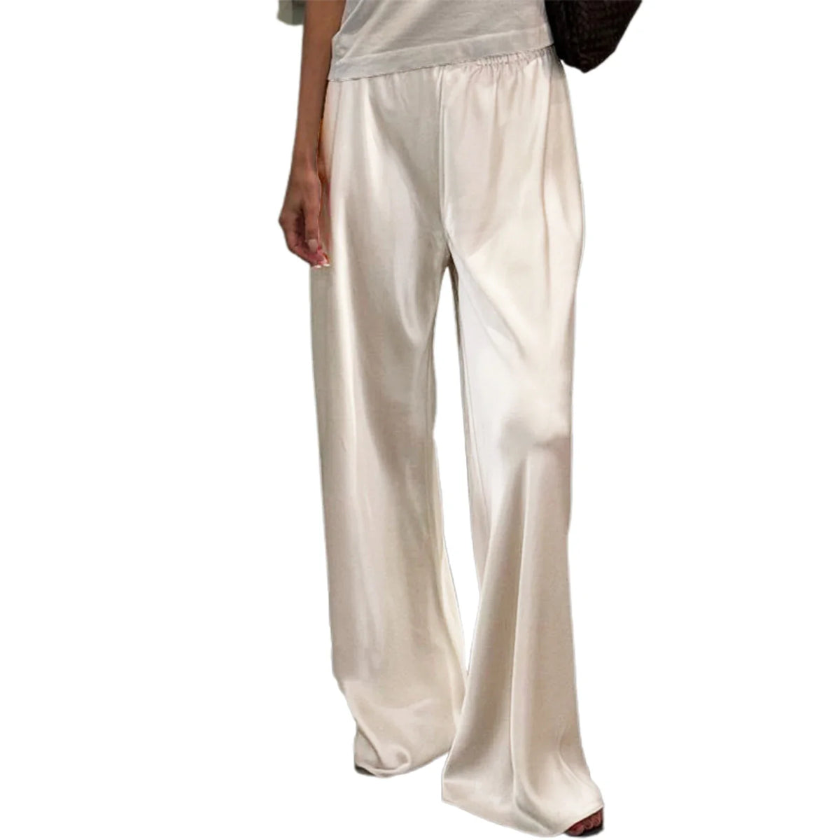 Damen Weite Hose mit Elastischem Bund – Satin-Optik Bequeme Lounge-Hose