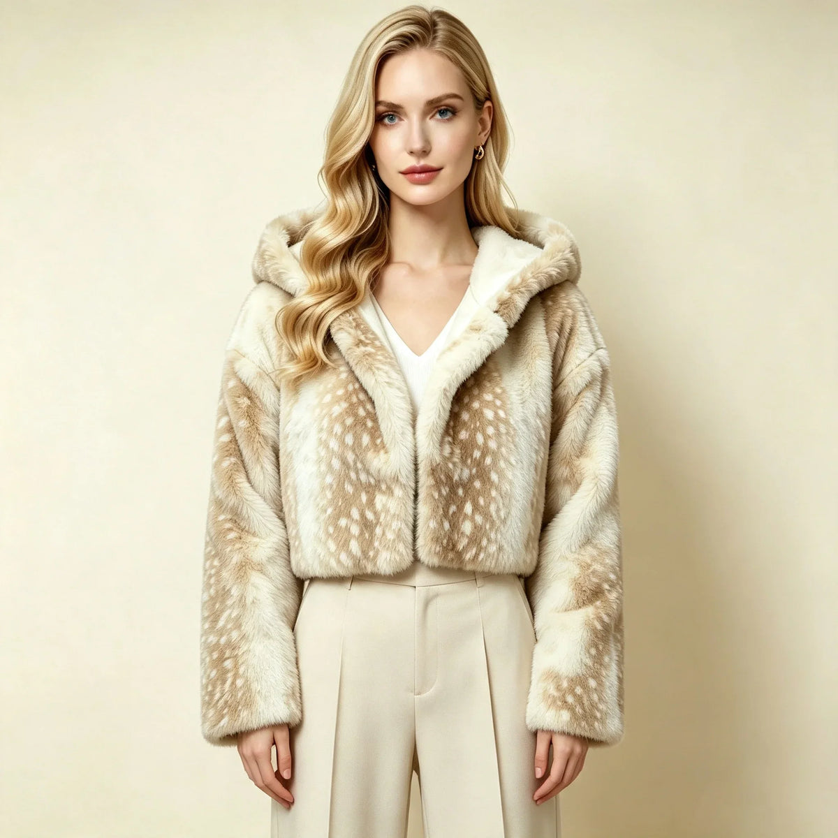 Kurze Damen Kapuzenjacke aus weichem Material mit Punktmuster in Beige