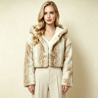 Kurze Damen Kapuzenjacke aus weichem Material mit Punktmuster in Beige