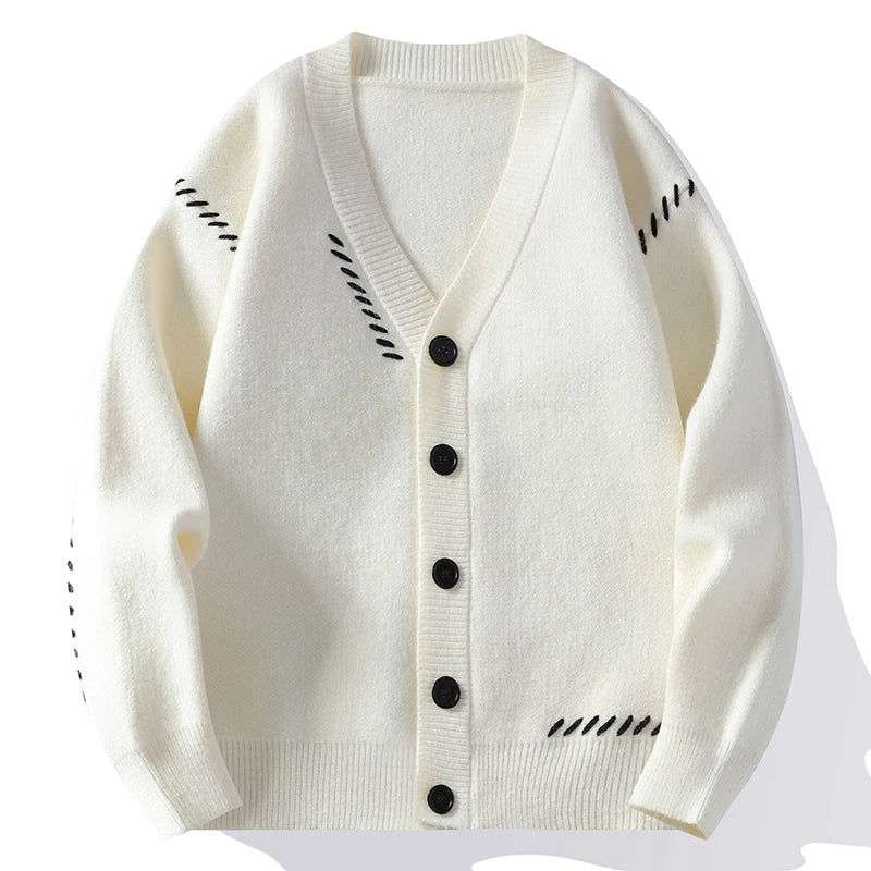 Strickjacke Herren V-Ausschnitt Cardigan mit Stichmuster Grün Schwarz Weiß Beige