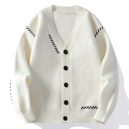 Strickjacke Herren V-Ausschnitt Cardigan mit Stichmuster Grün Schwarz Weiß Beige