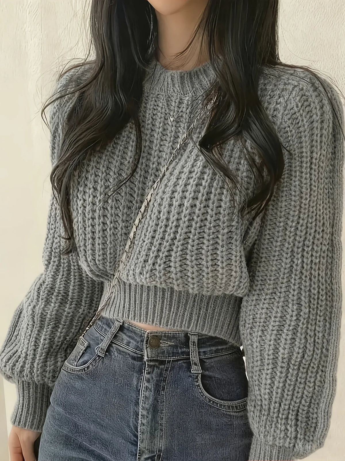 Damen Grobstrick Pullover Cropped Rundhals Lange Ärmel Braun