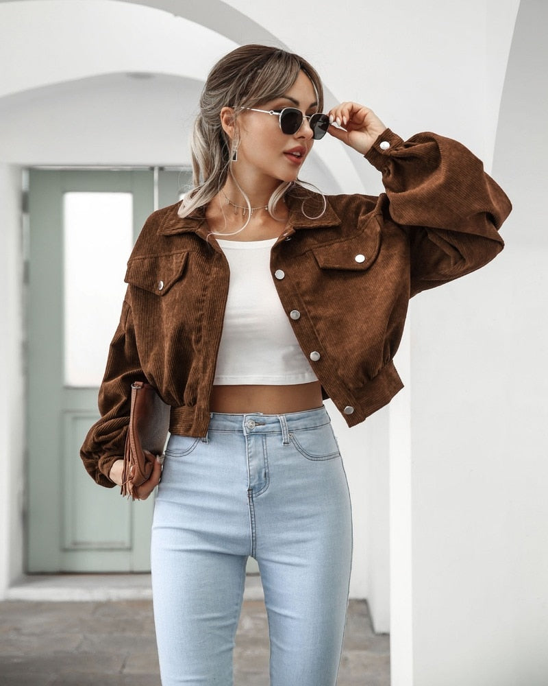 Damen Cropped Cordjacke mit Puffärmeln und Brusttaschen