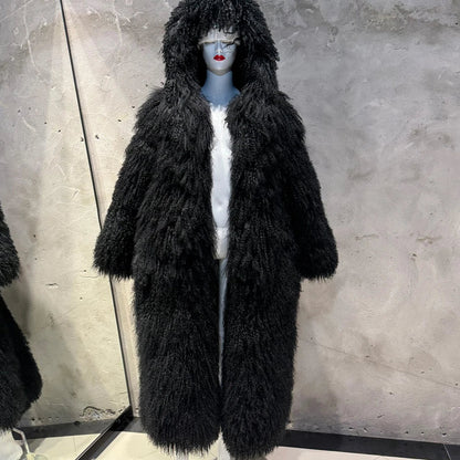 Damen Langer Mantel mit zotteligem Kragen Warmer Winter Outwear