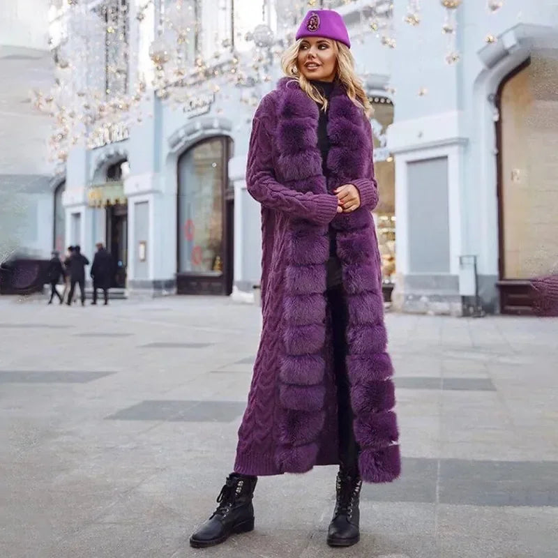 Damen Strickmantel Lang mit Kunstfellbesatz Zopfmuster Kapuze Winter