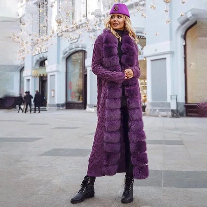 Damen Strickmantel Lang mit Kunstfellbesatz Zopfmuster Kapuze Winter