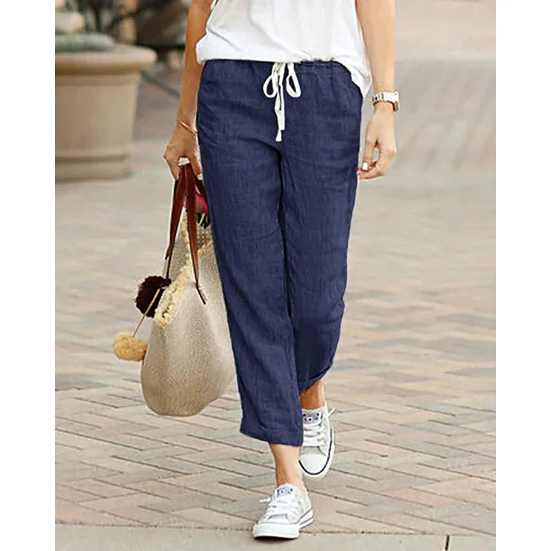 Damen Leinenhose mit Gummibund und Kordelzug, Cropped-Länge