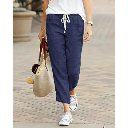 Damen Leinenhose mit Gummibund und Kordelzug, Cropped-Länge