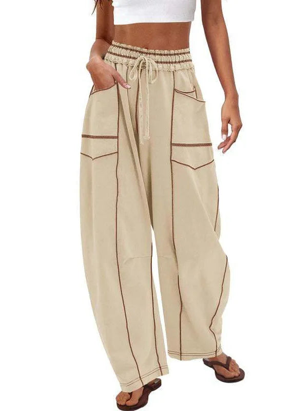 Damen Freizeithose Braun Weites Bein Elastischer Bund Kordelzug