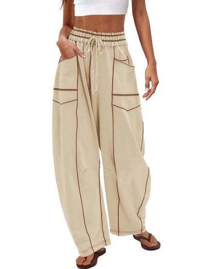 Damen Freizeithose Braun Weites Bein Elastischer Bund Kordelzug