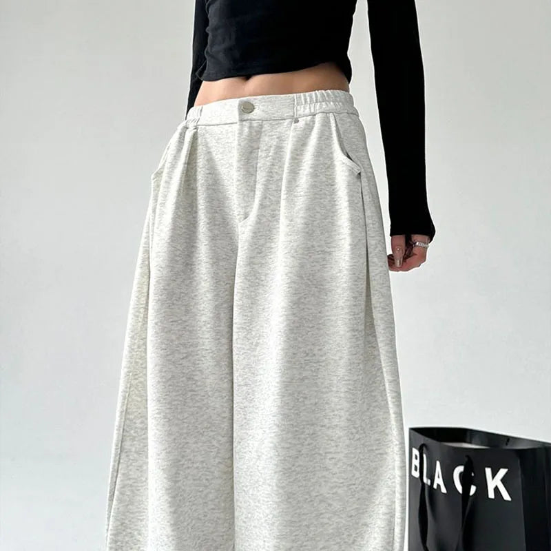 Weite Freizeithose für Damen, hoher Bund, Grau meliert