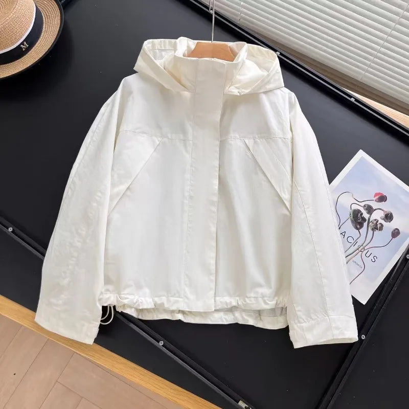 Damen Kurzjacke mit Kapuze Windbreaker Leichte Übergangsjacke