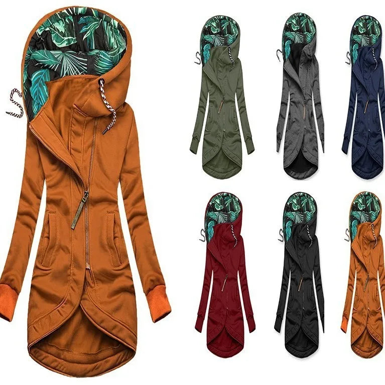 Damen Hoodie Jacke Lang Asymmetrischer Reißverschluss Kapuze mit Blattmuster