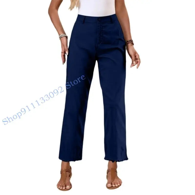 Damen Freizeithose mit hohem Bund und Fransen Saum