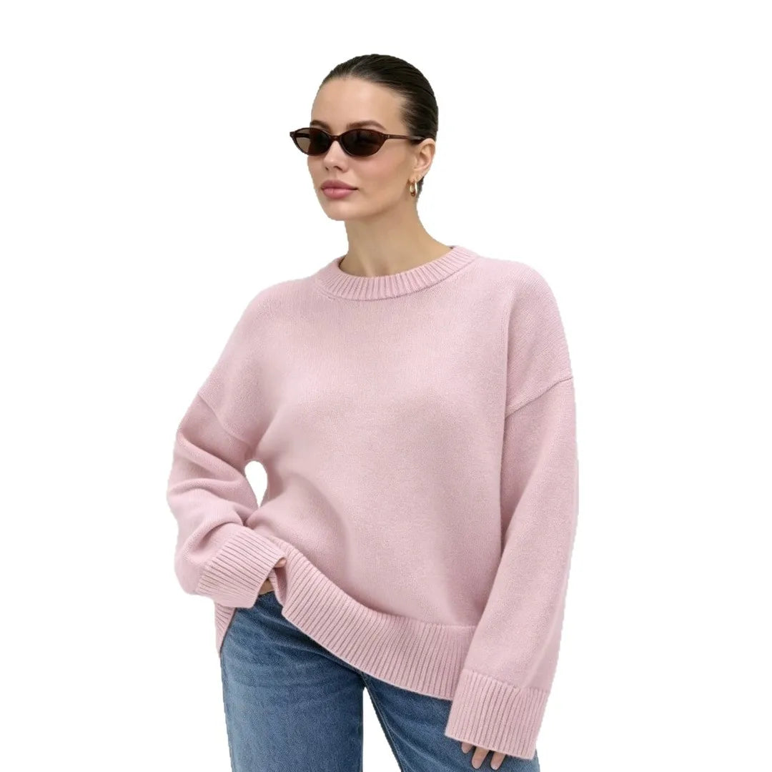 Damen Oversize Rundhals Pullover Langarm Basic Strickpullover