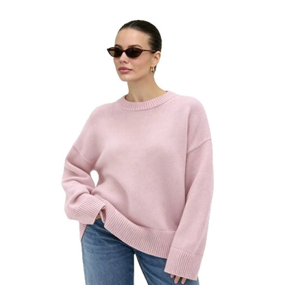 Damen Oversize Rundhals Pullover Langarm Basic Strickpullover