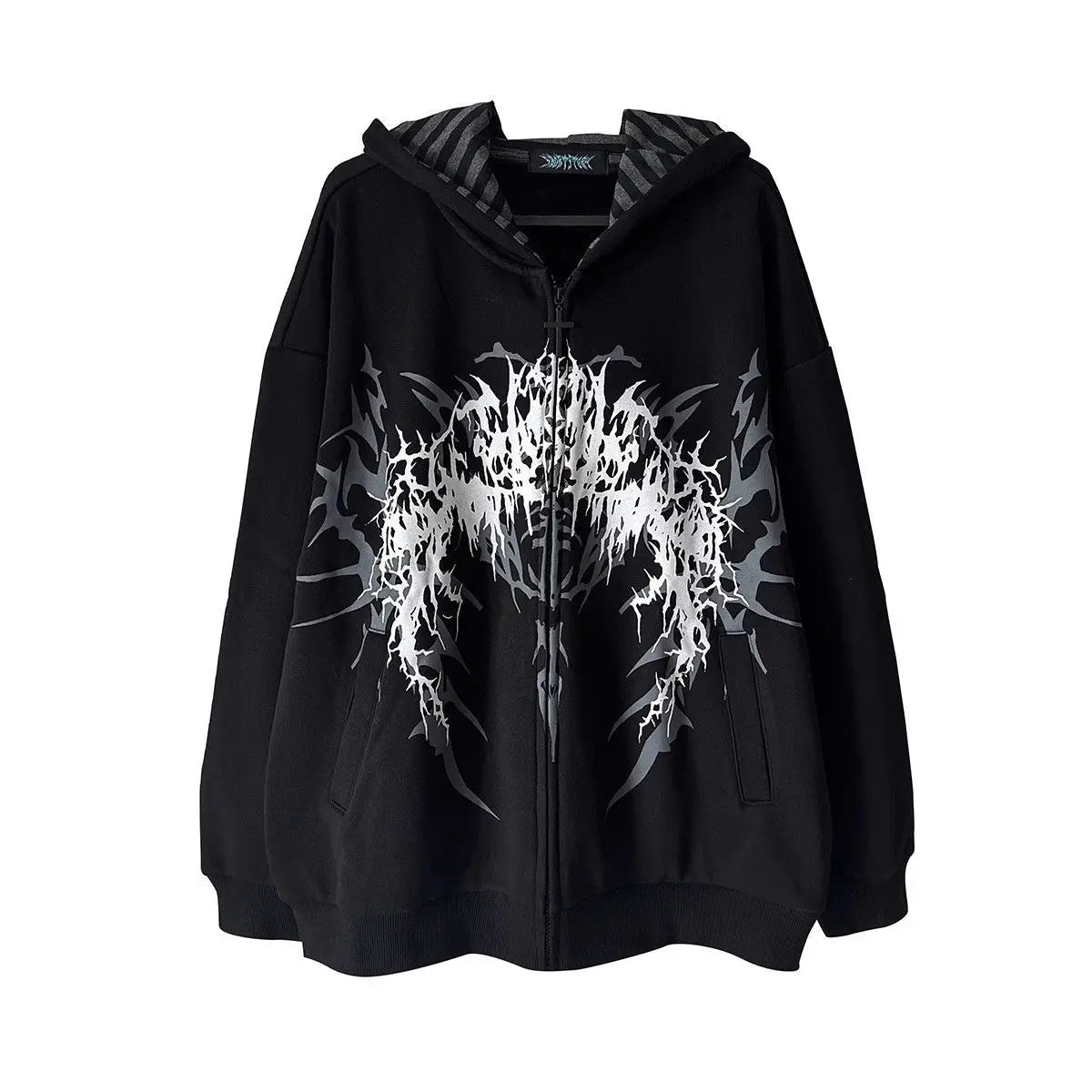 Übergroßer Kapuzenpullover mit Reißverschluss, grafischem Print und gestreiftem Futter, Unisex