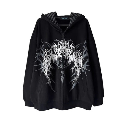 Übergroßer Kapuzenpullover mit Reißverschluss, grafischem Print und gestreiftem Futter, Unisex