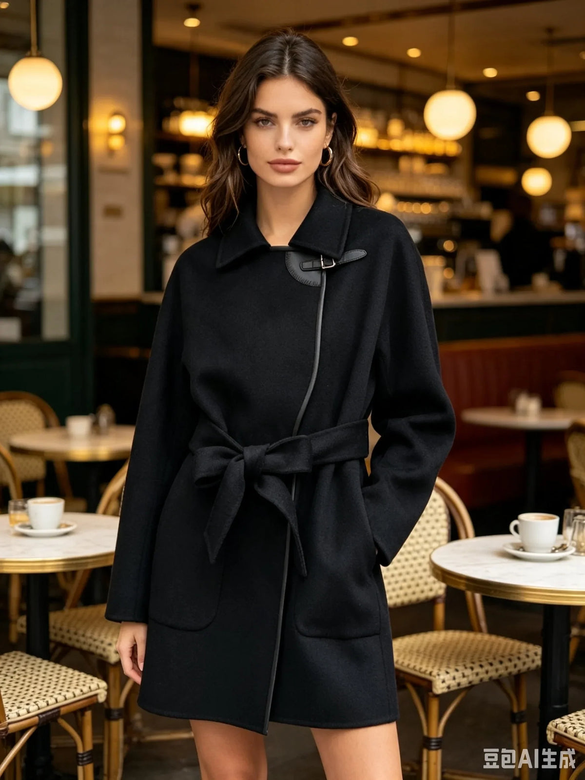 Kurzer Damen Wickelmantel mit Gürtel und Schnallendetail