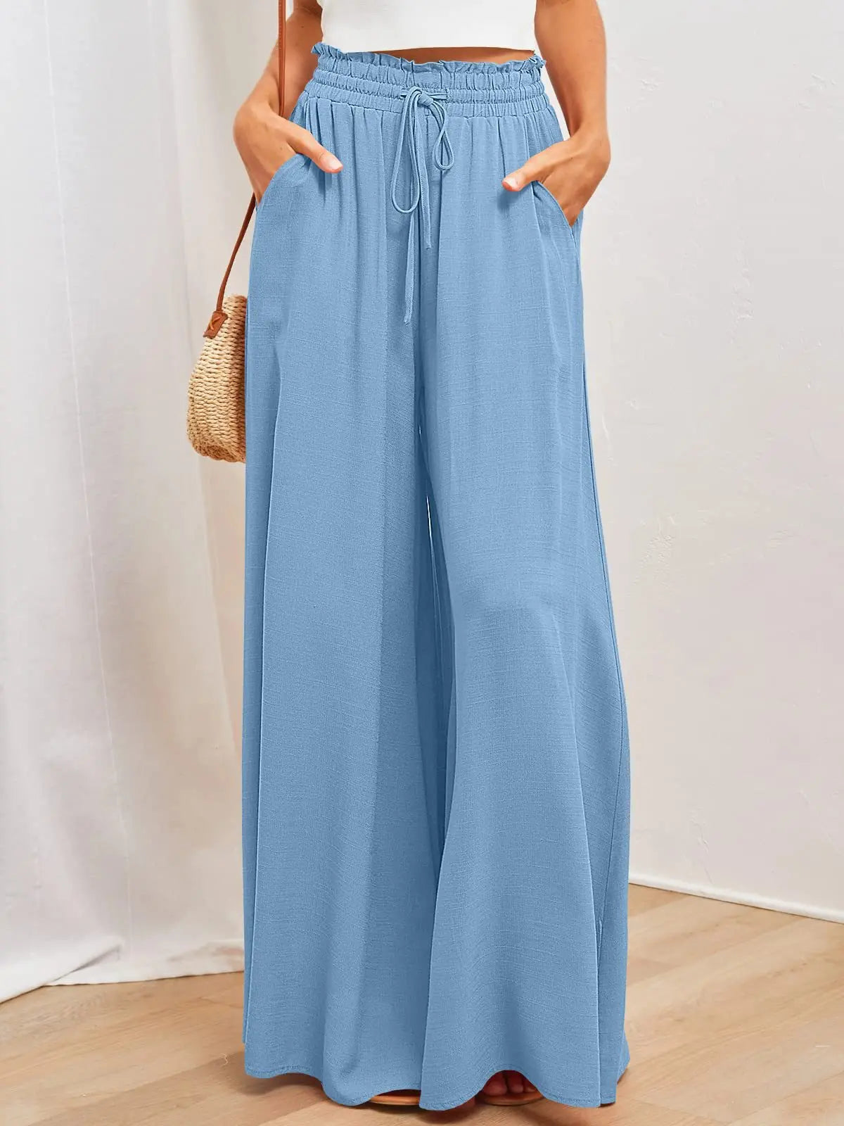Damen Weite Hose mit Hohem Bund und Kordelzug, Lockere Palazzo-Hose