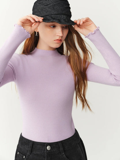 Geripptes Langarmshirt mit Stehkragen und Wellensaum Damen