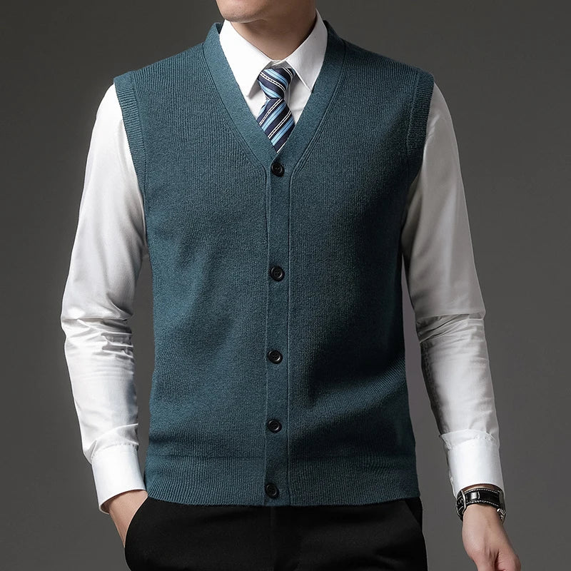 Herren Cardigan Weste V-Ausschnitt Knopfleiste Rippstrick Optik Einfarbig
