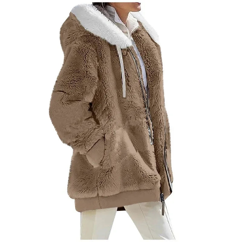 Damen Flauschige Kapuzenjacke mit Reißverschluss und Bauchtaschen