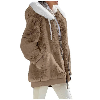 Damen Flauschige Kapuzenjacke mit Reißverschluss und Bauchtaschen