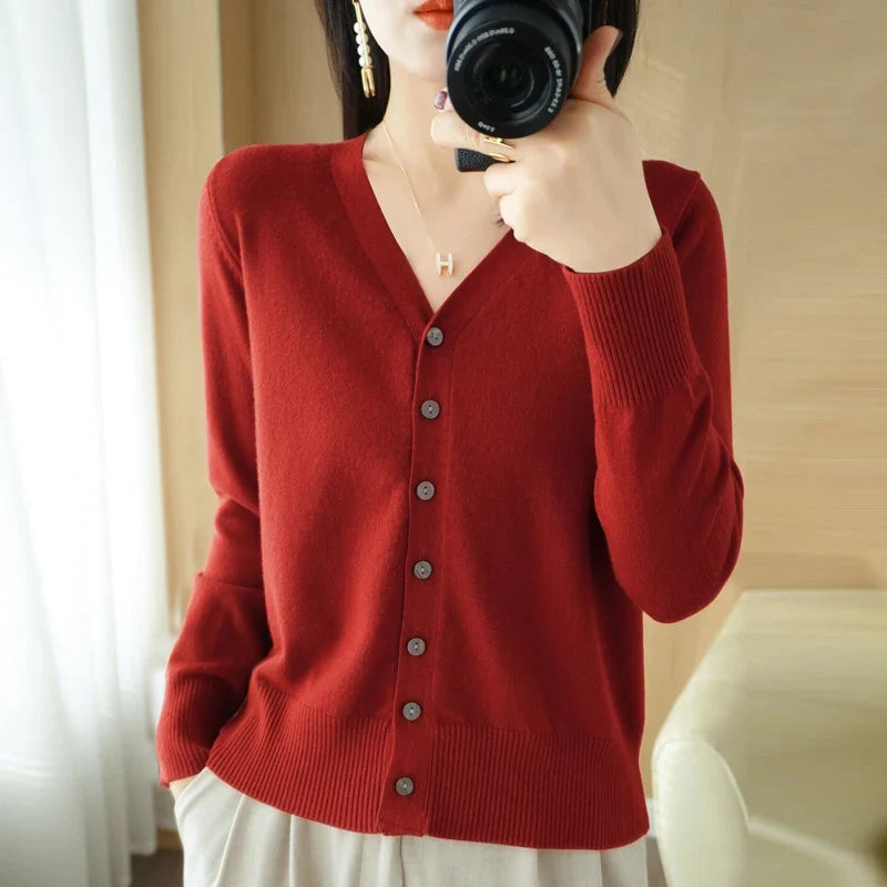 Damen Cardigan V-Ausschnitt Langarm Strickjacke mit Knöpfen