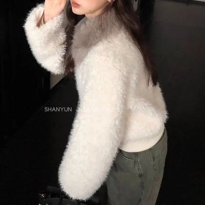 Damen Jacke mit Plüschkragen Reißverschluss Teddy-Optik Braun