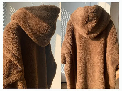 Damen Teddy-Fleece Mantel mit Kapuze, lang, braun, kuschelig