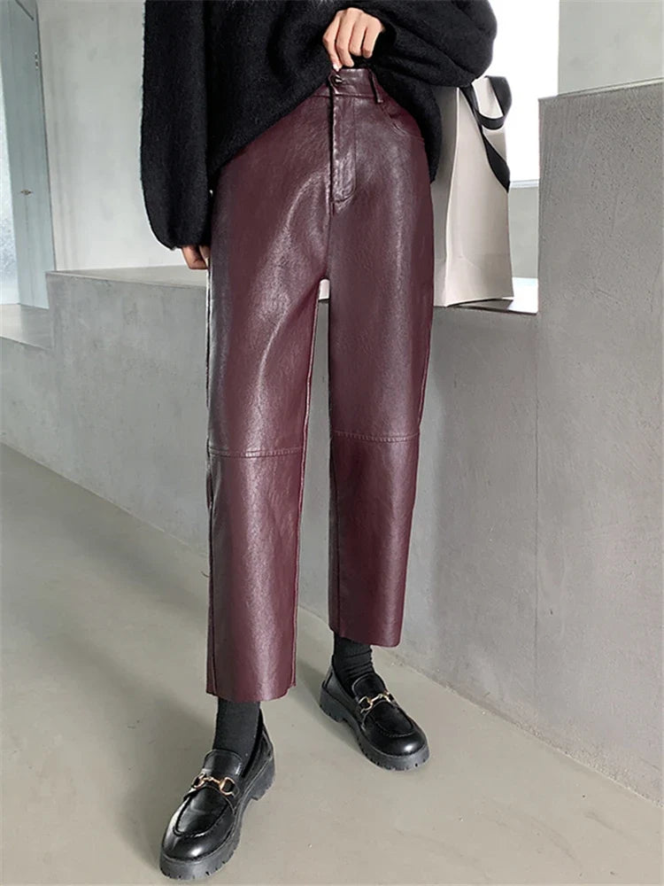 Damen Hose im Leder-Look, weites Bein, Schwarz oder Burgunderrot