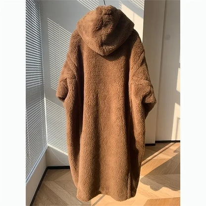 Damen Teddy-Fleece Mantel mit Kapuze, lang, braun, kuschelig