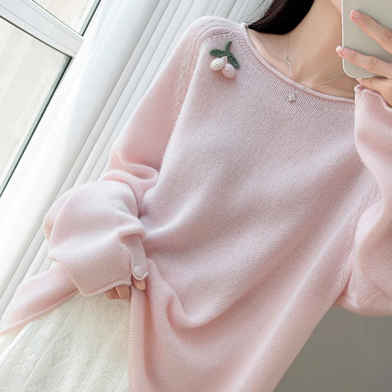Damen Pullover Langarm Rundhals mit Beeren-Applikation