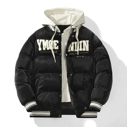 Unisex Steppjacke mit Kapuze und College-Schriftzug – Winterjacke