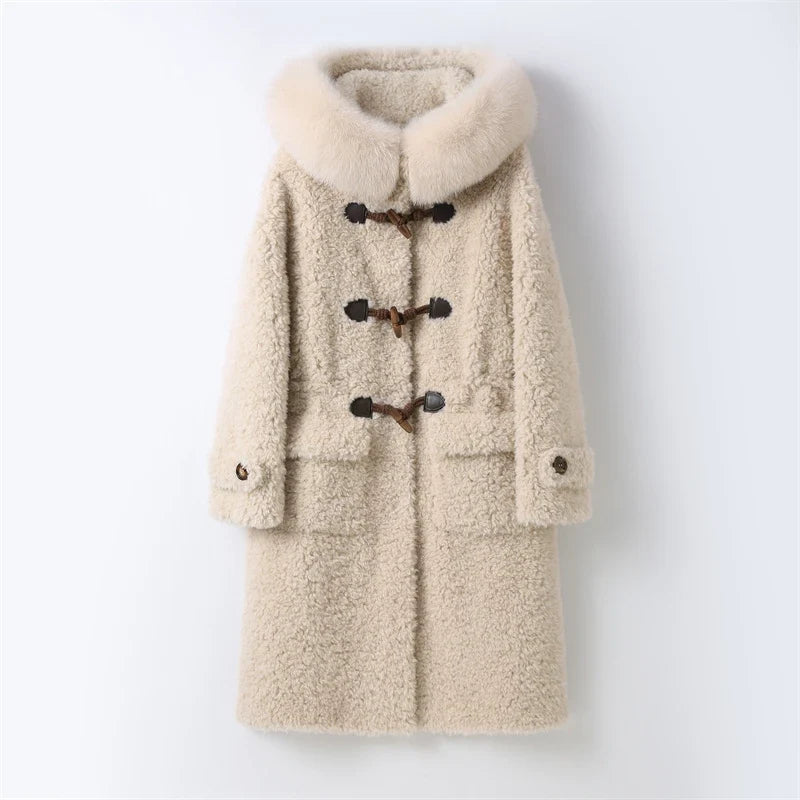 Damen Dufflecoat im Teddy-Look mit Kapuze und Fellkragen Beige
