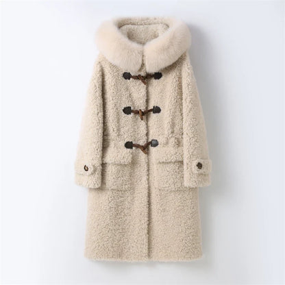 Damen Dufflecoat im Teddy-Look mit Kapuze und Fellkragen Beige