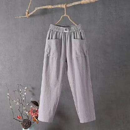 Damen Leinenhose Weites Bein Elastischer Bund Hoher Taille Mehrfarbig