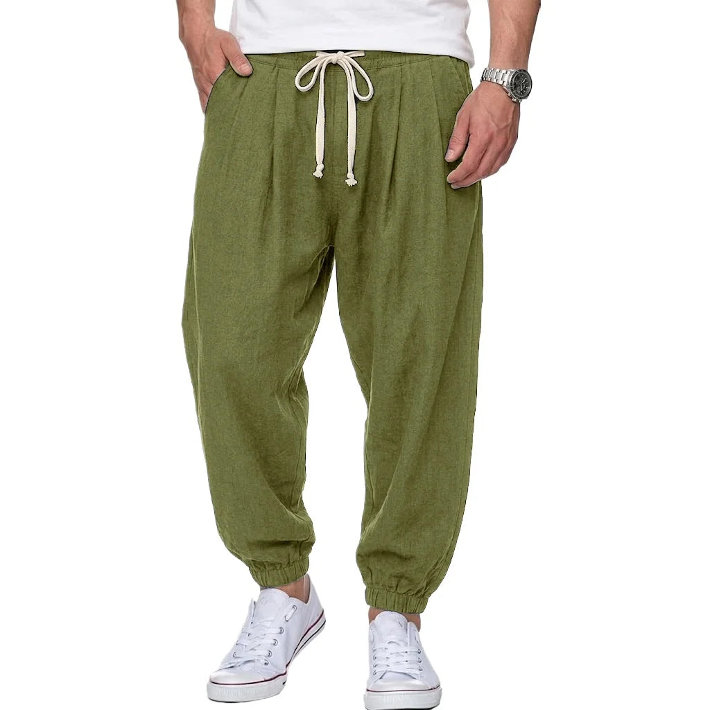 Freizeithose Herren Leinen-Optik Kordelzug lockere Passform Elastikbund