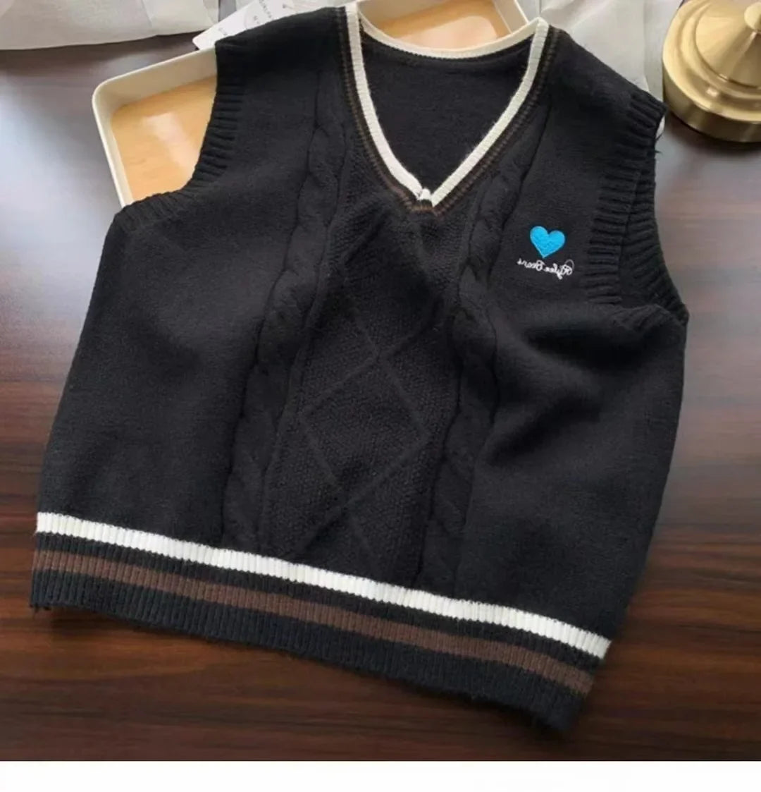 Strick Weste Damen V-Ausschnitt Zopfmuster College-Stil Ärmelloser Pullover