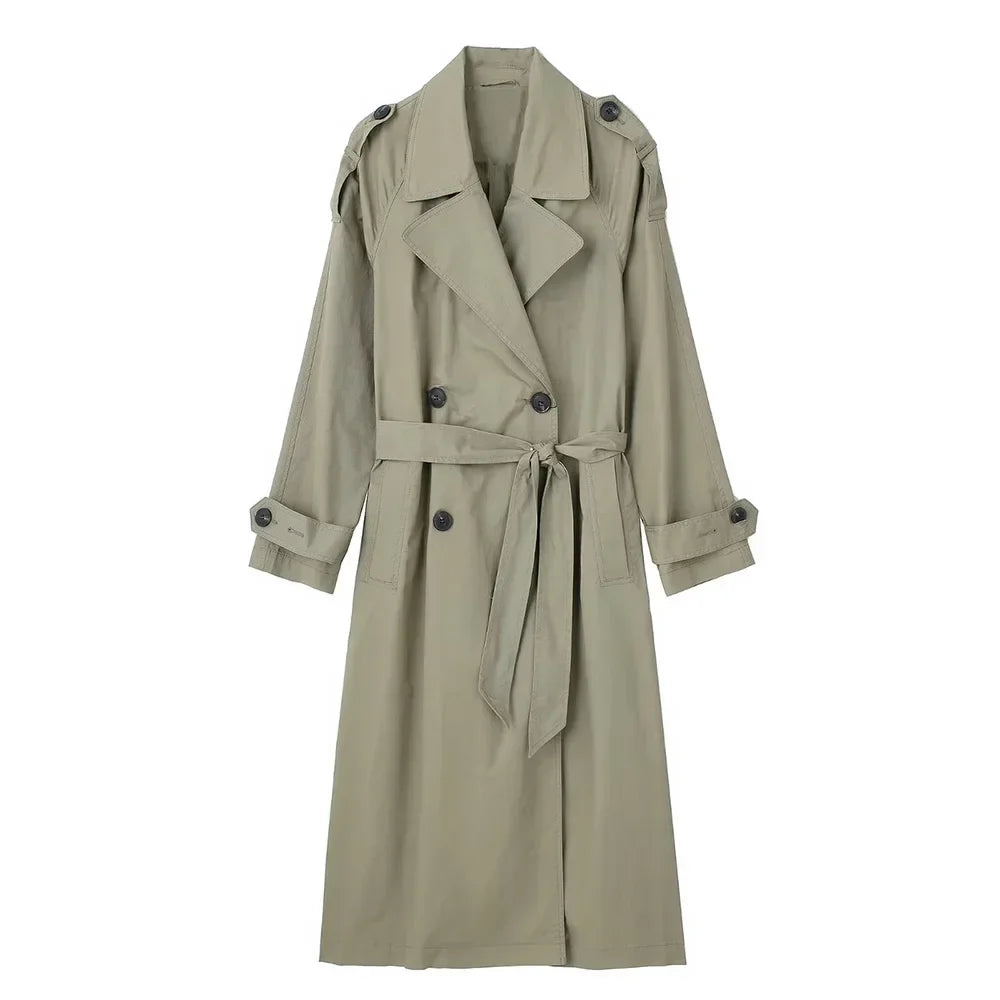 Damen Trenchcoat Lang mit Gürtel Zweireihig Khaki/Grün