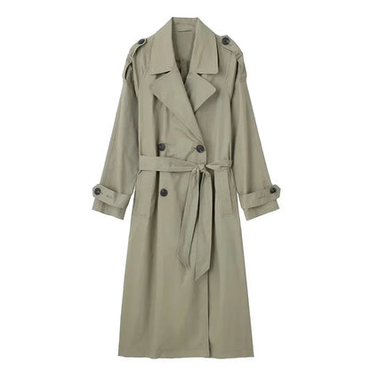 Damen Trenchcoat Lang mit Gürtel Zweireihig Khaki/Grün