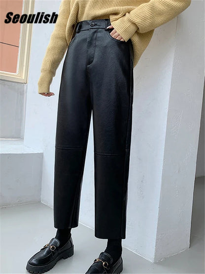 Damen Hose im Leder-Look, weites Bein, Schwarz oder Burgunderrot