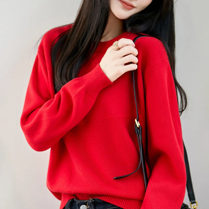 Damen Pullover Rundhals Langarm Strickpullover mit Textur
