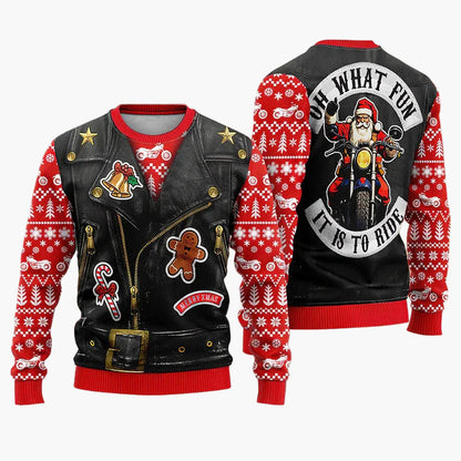 Herren Ugly Christmas Sweater Biker Stil – Lustiger Weihnachts-Pullover mit Santa auf Motorrad